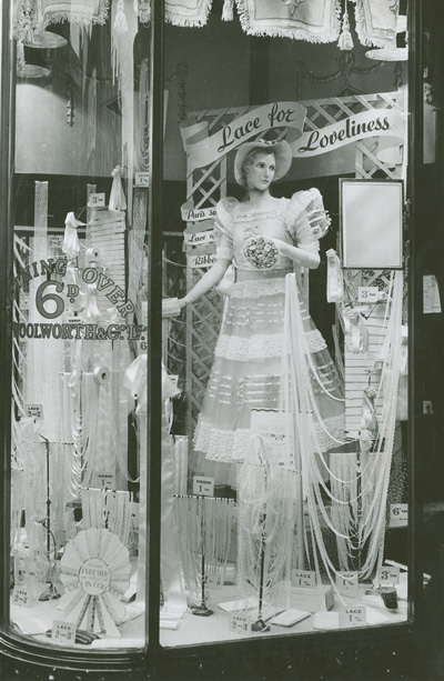 Lace for Loveliness - a nothing over sixpence window from Woolworths in the 1930s.  Click for a larger copy in a new window.