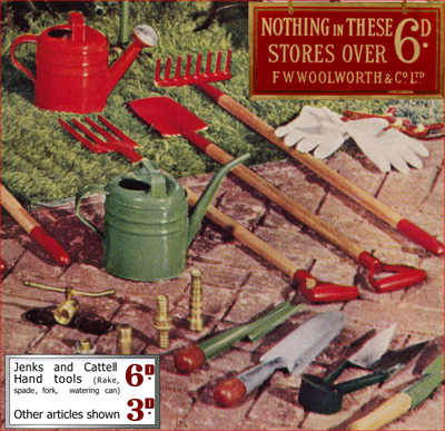 It's hard to believe now, but Woolworths were able to offer garden tools with wooden handles and iron impelements for just sixpence in the 1930s. The products, manufactured in Wales by Jenks and Cattell sold in vast quantities. Click for a larger copy in a new window.